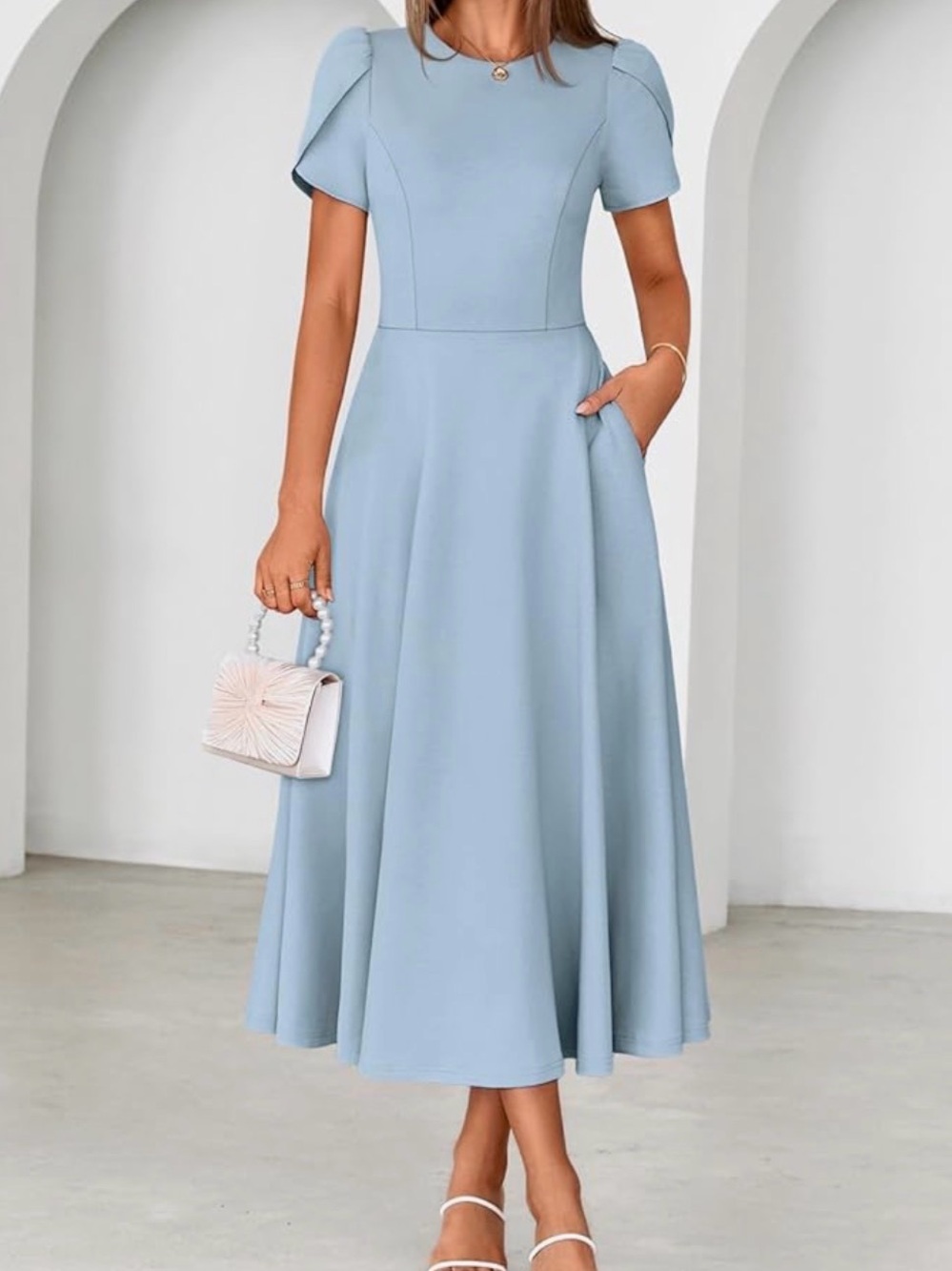 Elegant Light Blue Midi Dress with Cap Sleeves